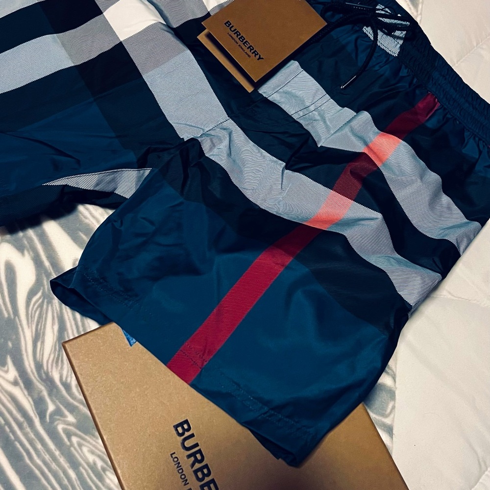 Burberry Exaggerated Check Drawcord Swim Shorts Carbon Blue (Large)